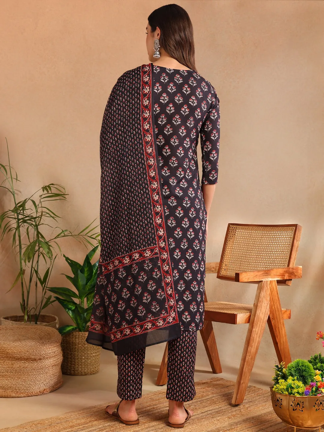 Women Black Rayon Blend Floral Printed Straight Kurta Trouser With Dupatta