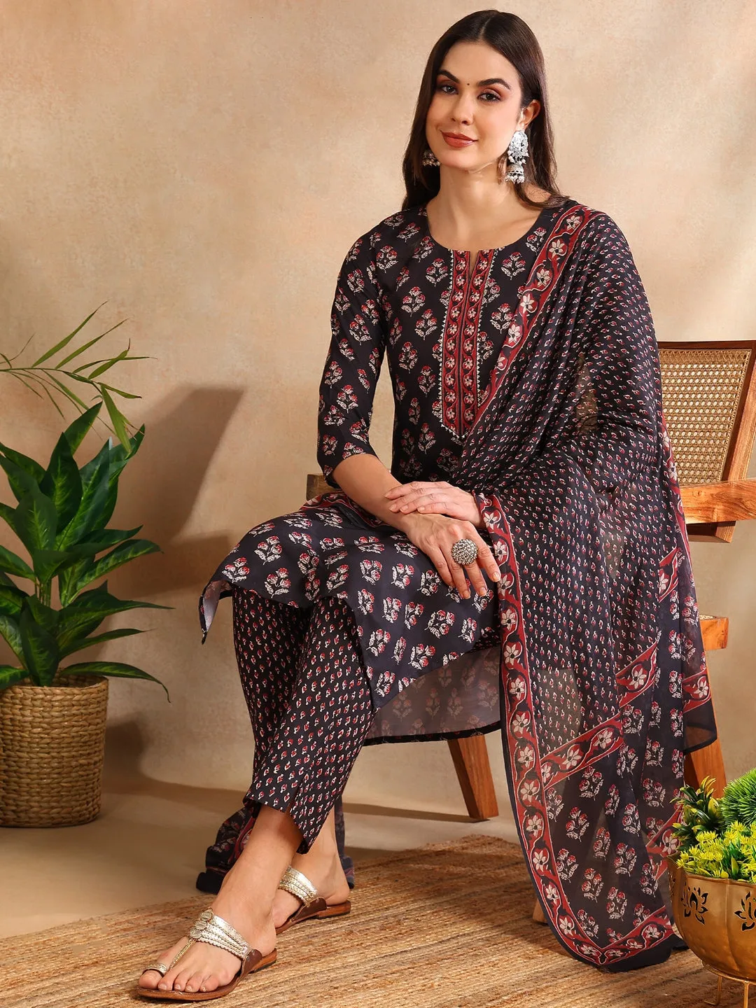 Women Black Rayon Blend Floral Printed Straight Kurta Trouser With Dupatta