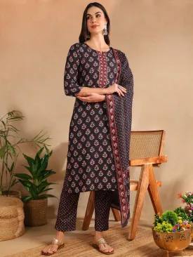 Women Black Rayon Blend Floral Printed Straight Kurta Trouser With Dupatta