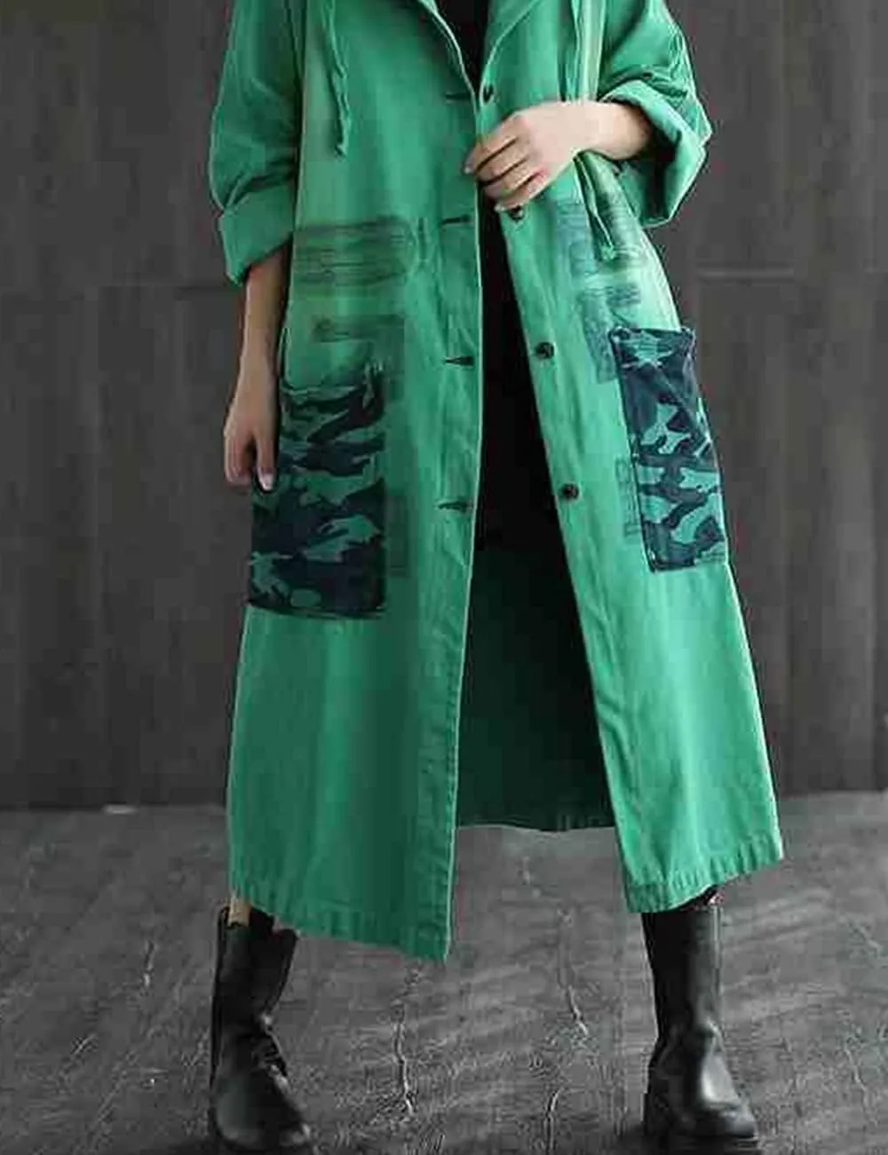 Women Fashion Oversized Distressed Denim Trench Jacket Coat Casual Ethnic Printed Fall Winter Hooded Outerwear