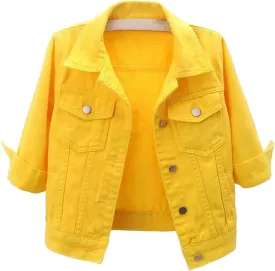 Womens 3/4 Sleeve Colored Cropped Denim Jacket Trendy Light Wash Short Jean Jacket Trucker Coat