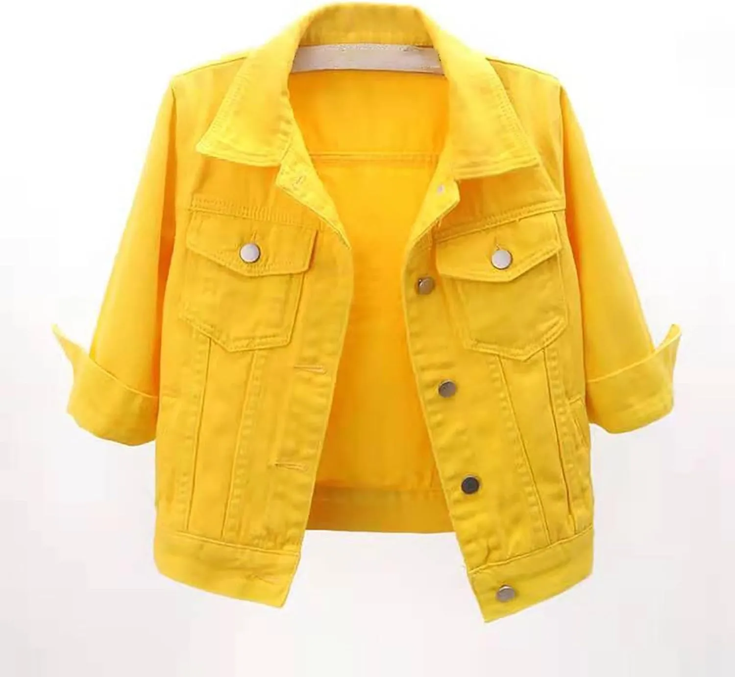 Womens 3/4 Sleeve Colored Cropped Denim Jacket Trendy Light Wash Short Jean Jacket Trucker Coat