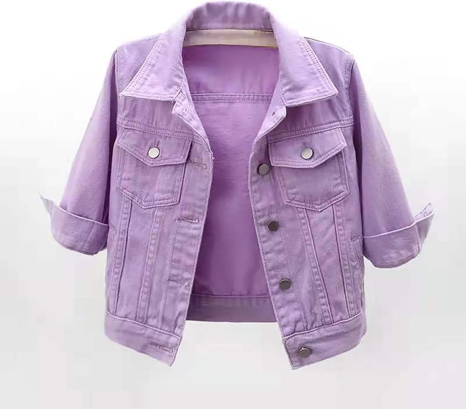 Womens 3/4 Sleeve Colored Cropped Denim Jacket Trendy Light Wash Short Jean Jacket Trucker Coat