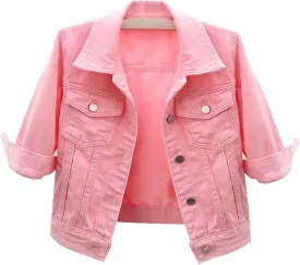 Womens 3/4 Sleeve Colored Cropped Denim Jacket Trendy Light Wash Short Jean Jacket Trucker Coat