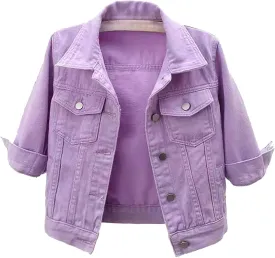 Womens 3/4 Sleeve Colored Cropped Denim Jacket Trendy Light Wash Short Jean Jacket Trucker Coat