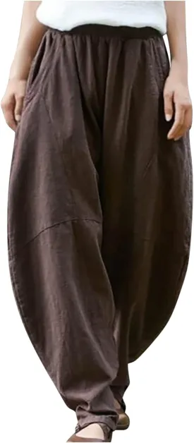 Womens Casual Linen Baggy Pants Elastic Waist Relax Fit Cotton Hippie Gypsy Harem Pant Drop Crotch Yoga Aladdin Pants