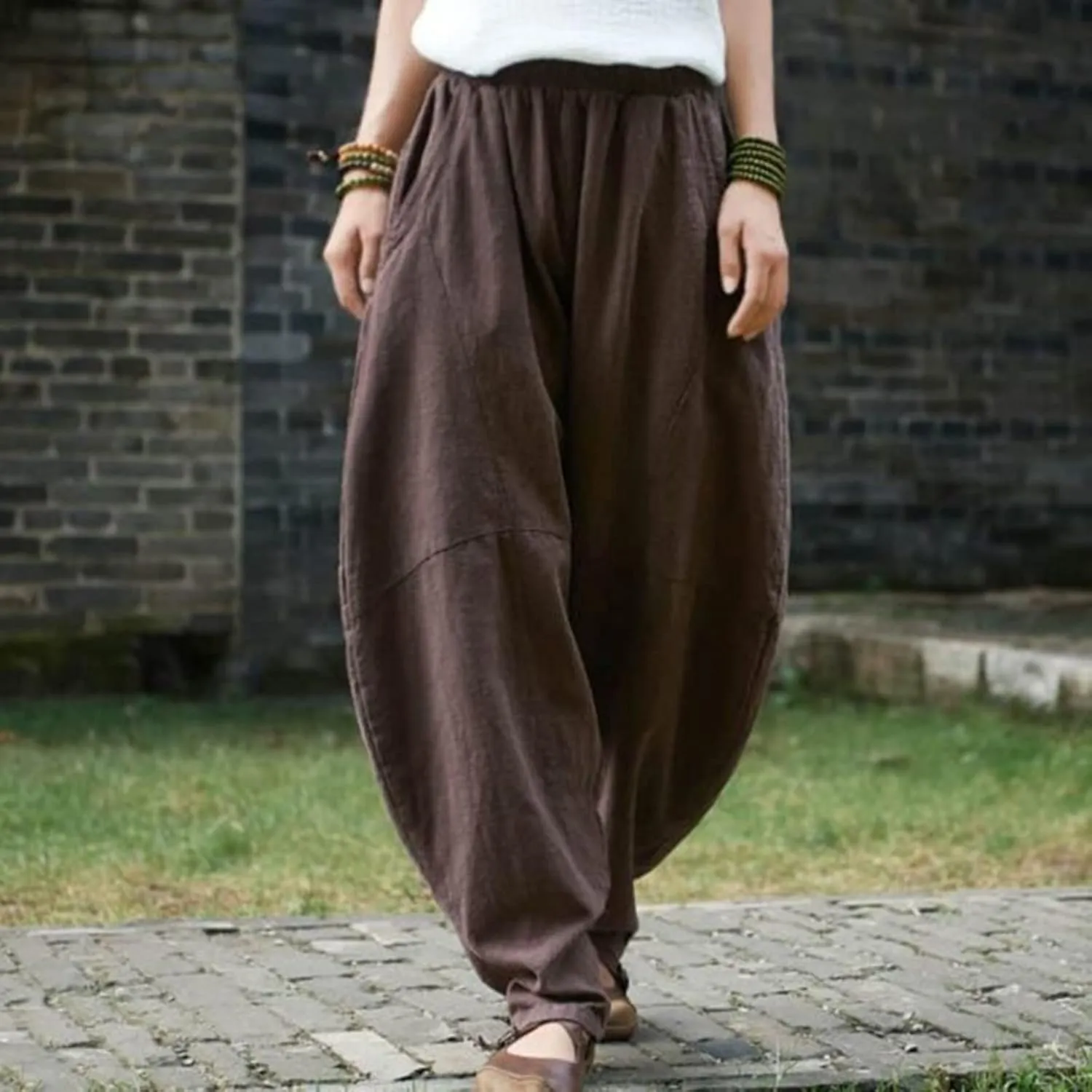 Womens Casual Linen Baggy Pants Elastic Waist Relax Fit Cotton Hippie Gypsy Harem Pant Drop Crotch Yoga Aladdin Pants