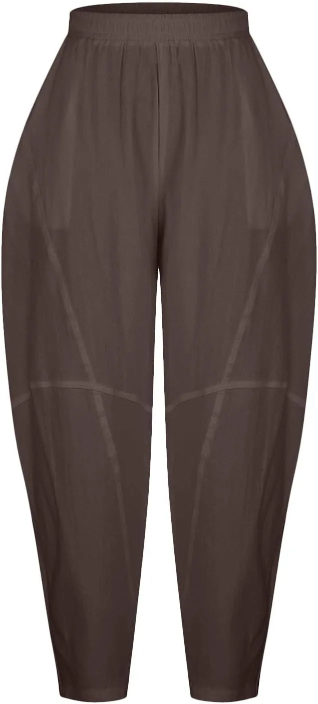 Womens Casual Linen Baggy Pants Elastic Waist Relax Fit Cotton Hippie Gypsy Harem Pant Drop Crotch Yoga Aladdin Pants