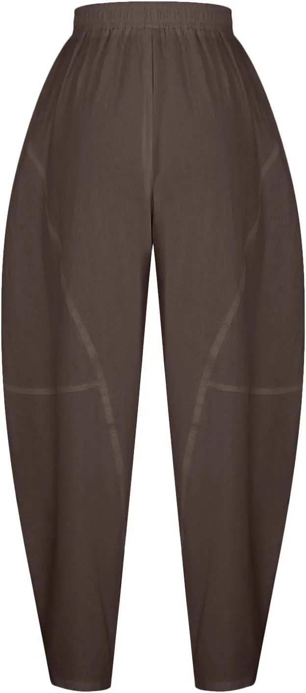 Womens Casual Linen Baggy Pants Elastic Waist Relax Fit Cotton Hippie Gypsy Harem Pant Drop Crotch Yoga Aladdin Pants