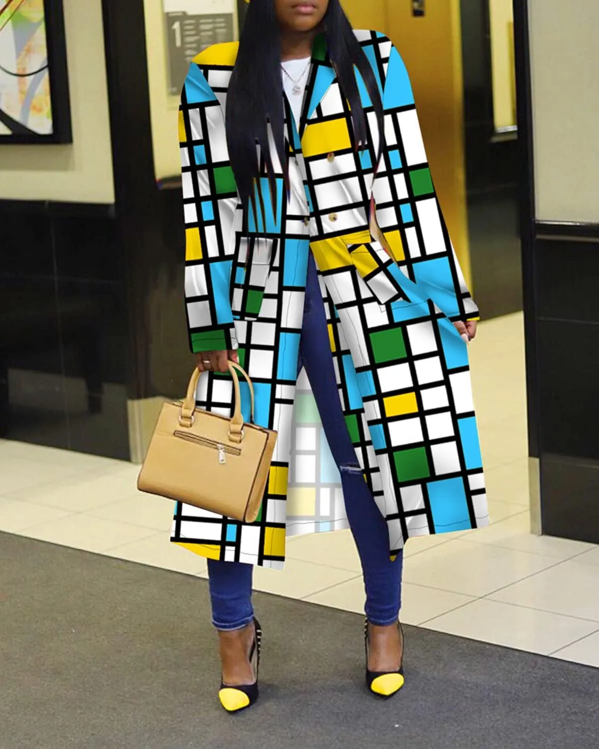 Women's Colored Geo Turn Down Collar Trench Coat Colorful Outerwear Cardigan Long Blazer Jacket
