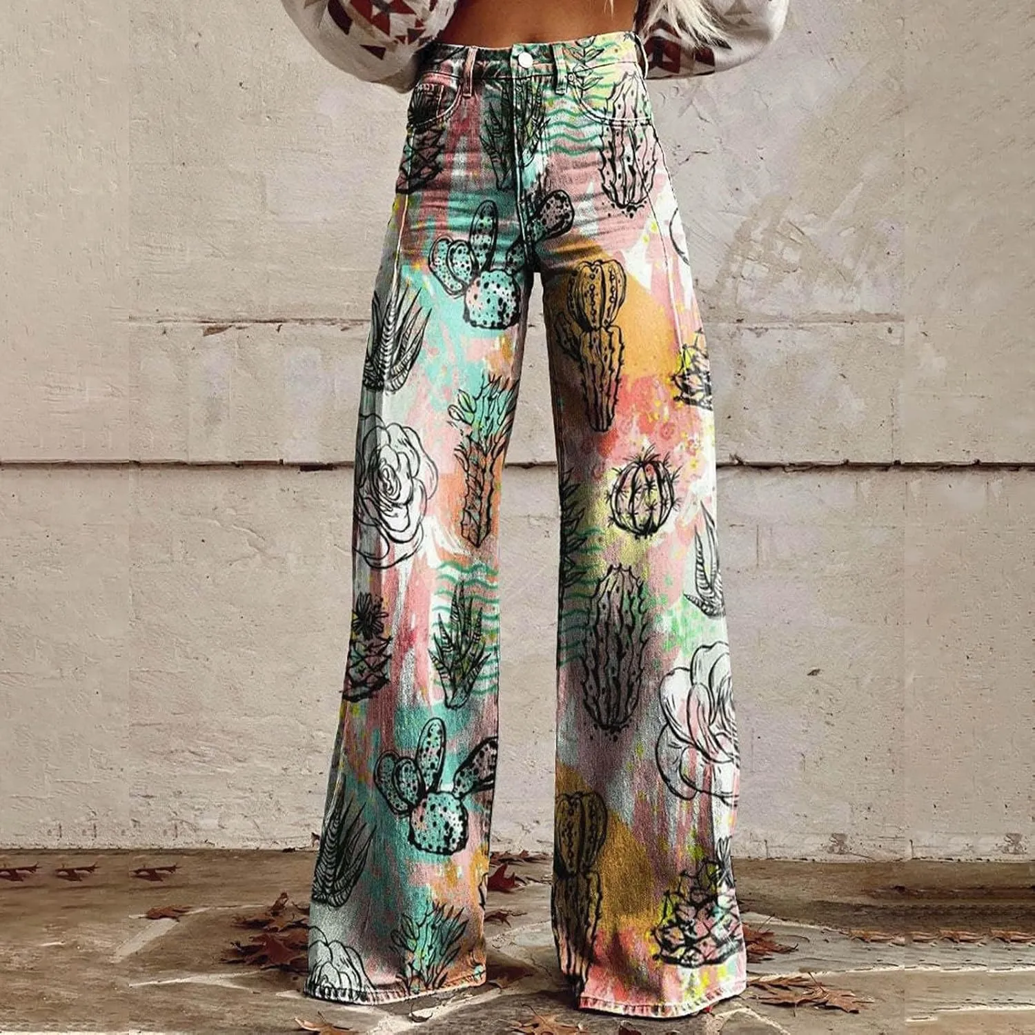 Women's Flare Jeans Wide Leg Baggy Pant Vintage Floral Printed High Waisted Straight Stretch Pants with Pockets