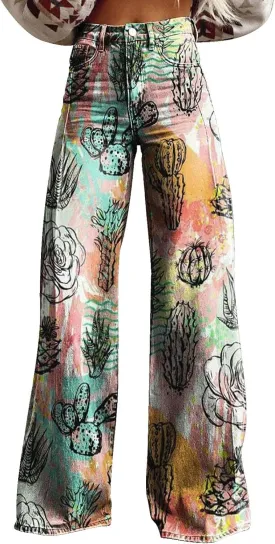 Women's Flare Jeans Wide Leg Baggy Pant Vintage Floral Printed High Waisted Straight Stretch Pants with Pockets