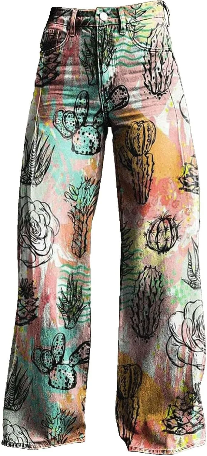 Women's Flare Jeans Wide Leg Baggy Pant Vintage Floral Printed High Waisted Straight Stretch Pants with Pockets