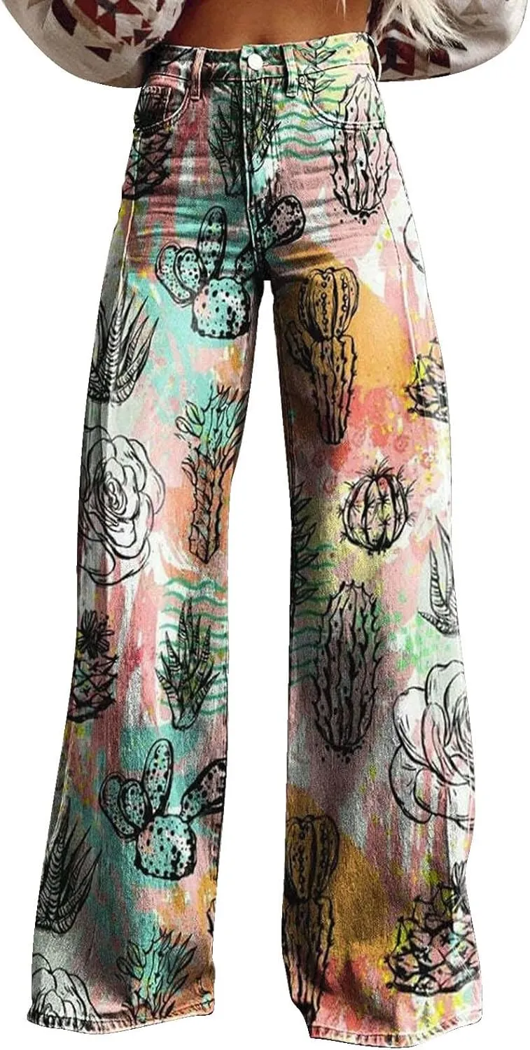 Women's Flare Jeans Wide Leg Baggy Pant Vintage Floral Printed High Waisted Straight Stretch Pants with Pockets