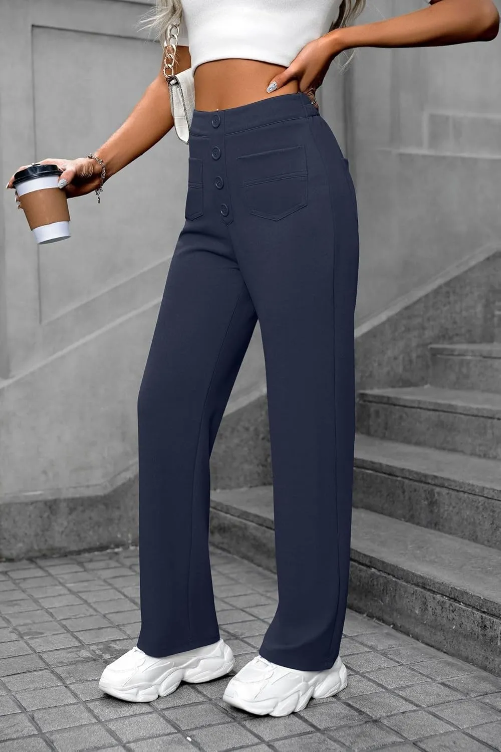 Women's High Waisted Straight Leg Trousers Casual Loose Fit Stretchy Pants with Button for Business Work Office Wear