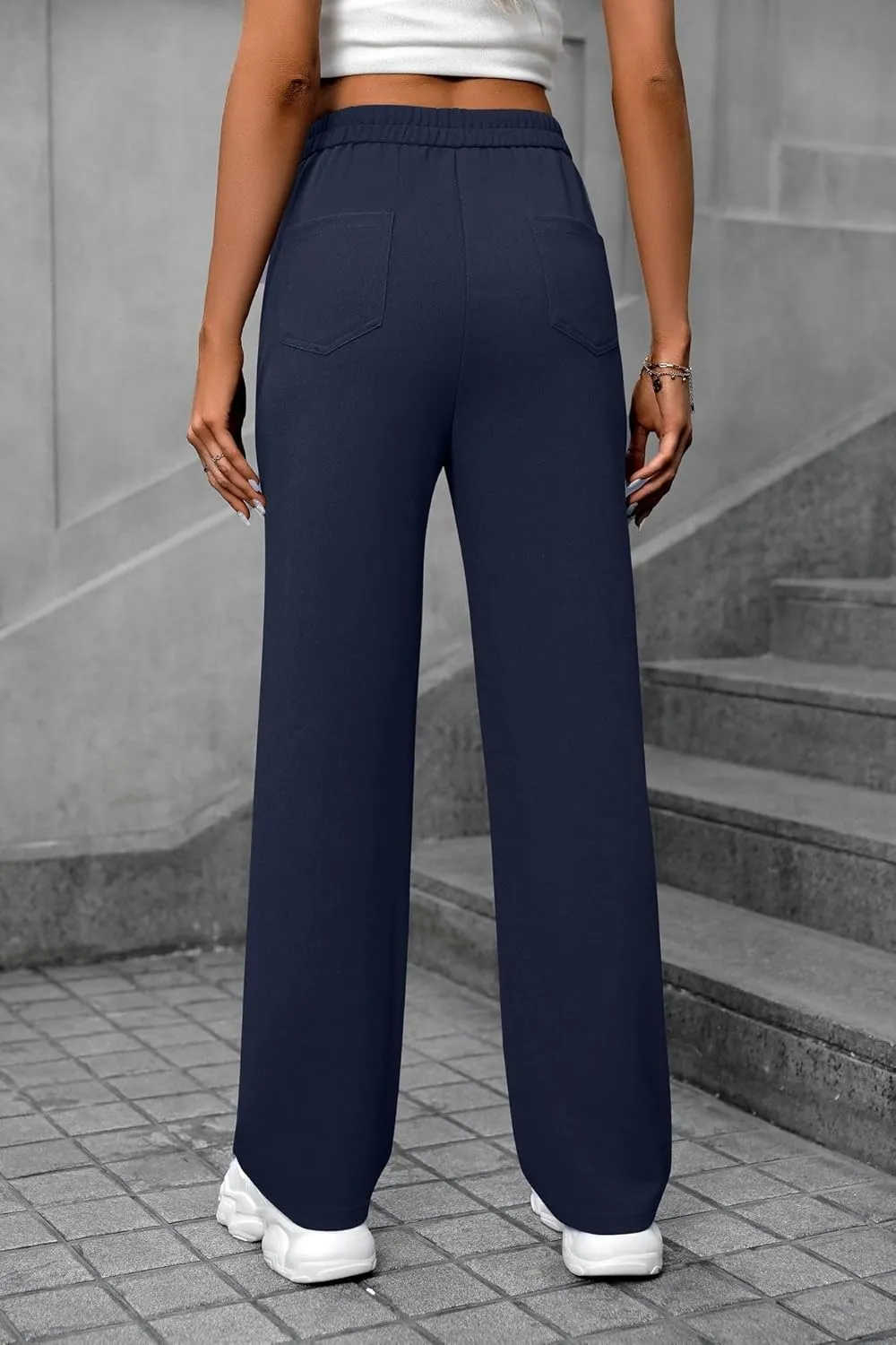 Women's High Waisted Straight Leg Trousers Casual Loose Fit Stretchy Pants with Button for Business Work Office Wear
