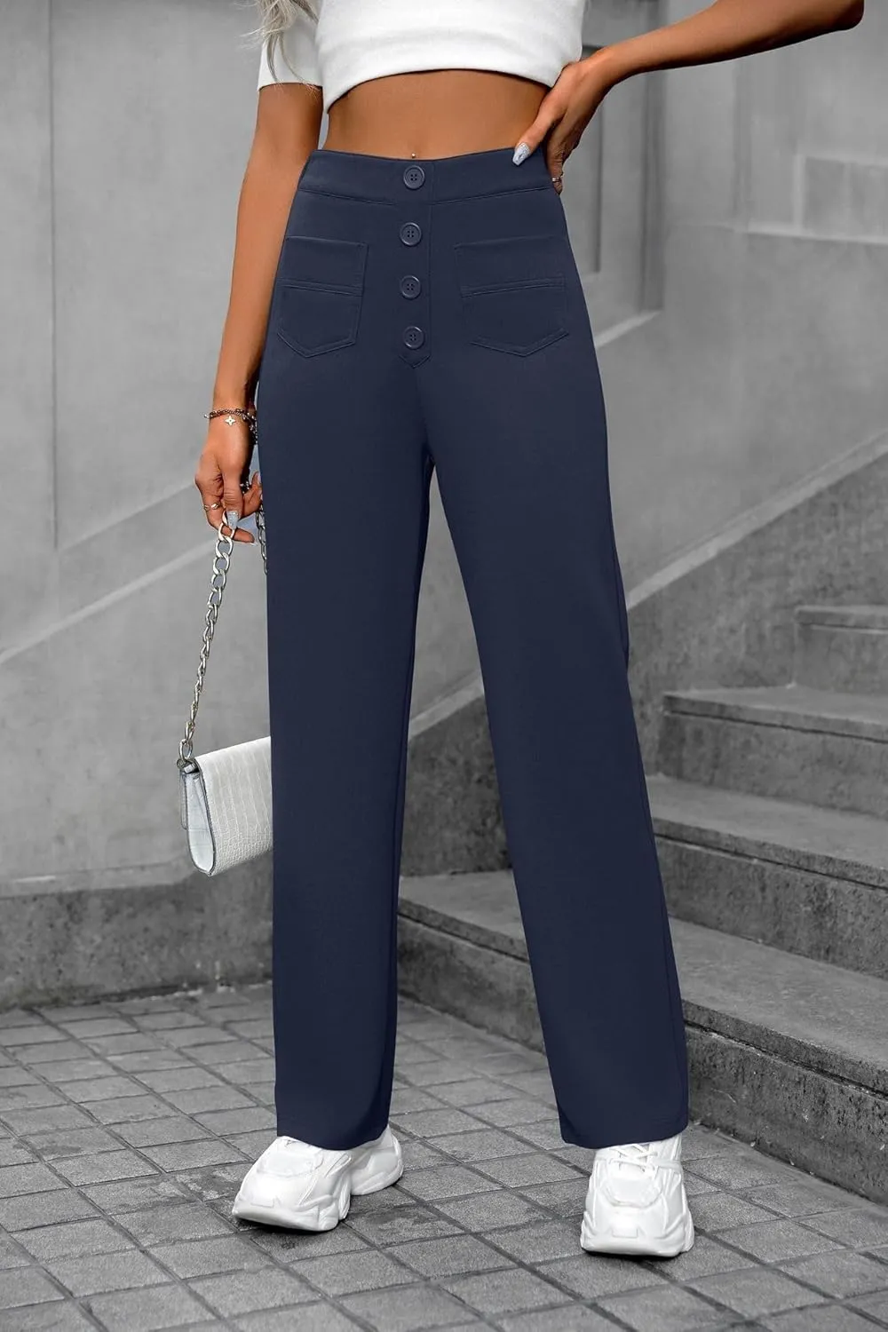 Women's High Waisted Straight Leg Trousers Casual Loose Fit Stretchy Pants with Button for Business Work Office Wear