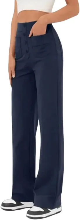 Women's High Waisted Straight Leg Trousers Casual Loose Fit Stretchy Pants with Button for Business Work Office Wear