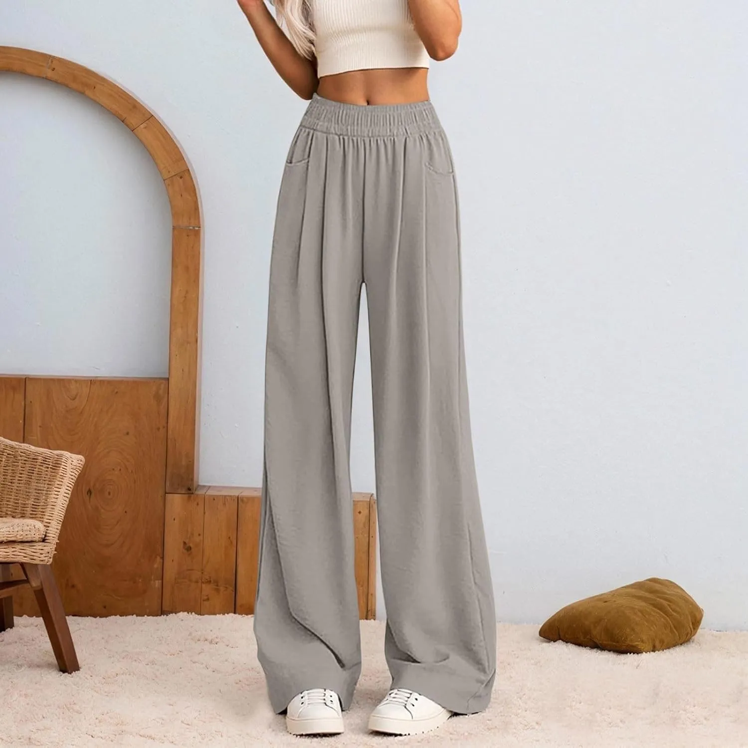 Women's High Waisted Wide Leg Casual Pants Elastic Waist Flowy Loose Trousers Pure Color Comfortable Vacation