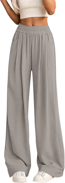 Women's High Waisted Wide Leg Casual Pants Elastic Waist Flowy Loose Trousers Pure Color Comfortable Vacation