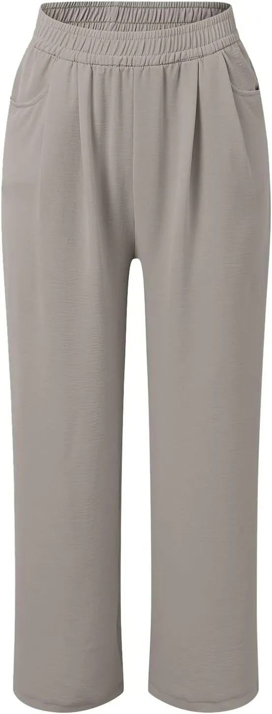 Women's High Waisted Wide Leg Casual Pants Elastic Waist Flowy Loose Trousers Pure Color Comfortable Vacation