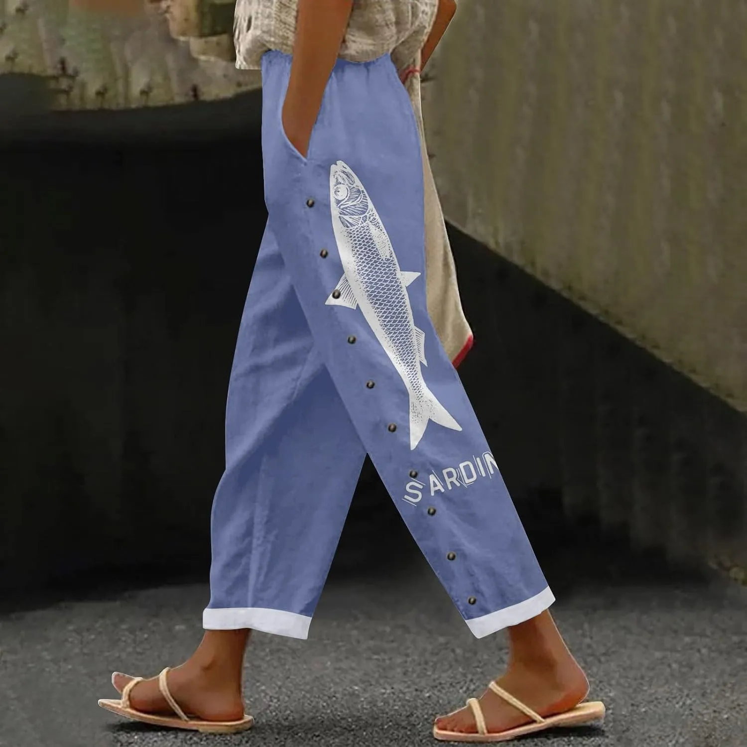 Women's Linen Capri Pants Striped Elastic Waistband High Waistband Pocket Pants Side Nine Lightweight Loose Trousers