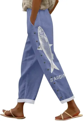 Women's Linen Capri Pants Striped Elastic Waistband High Waistband Pocket Pants Side Nine Lightweight Loose Trousers