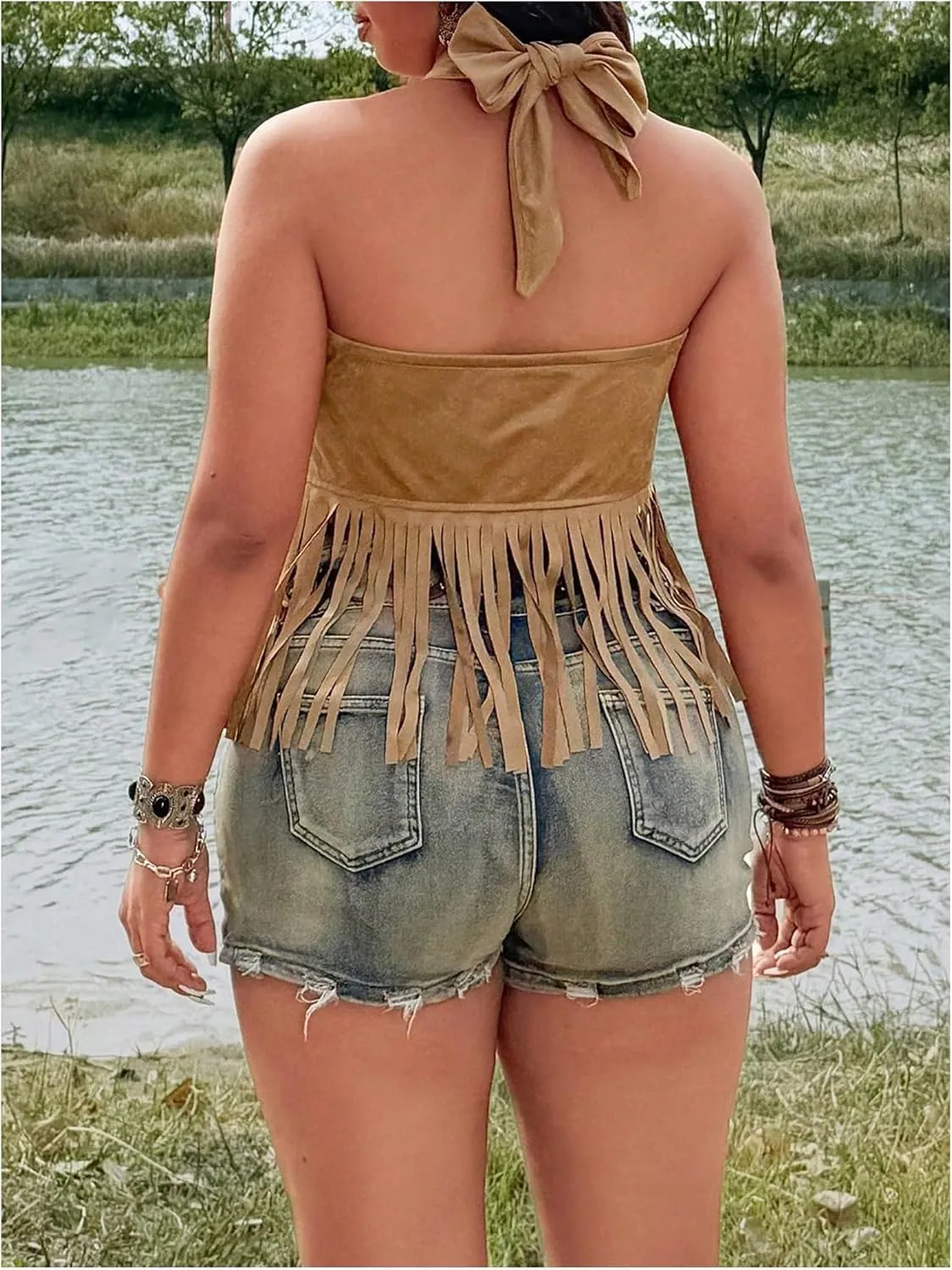 Women's Plus Size Tassel Halter Crop Tops Boho Hippie Fringe Tie Backless Cowgirl Tank Shirt 1970s Outfits