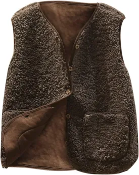Women's Shaggy Teddy Vest Pocket Winter Short Jacket Lamb Wool Winter Sleeveless Fleece Button Solid Outerwear