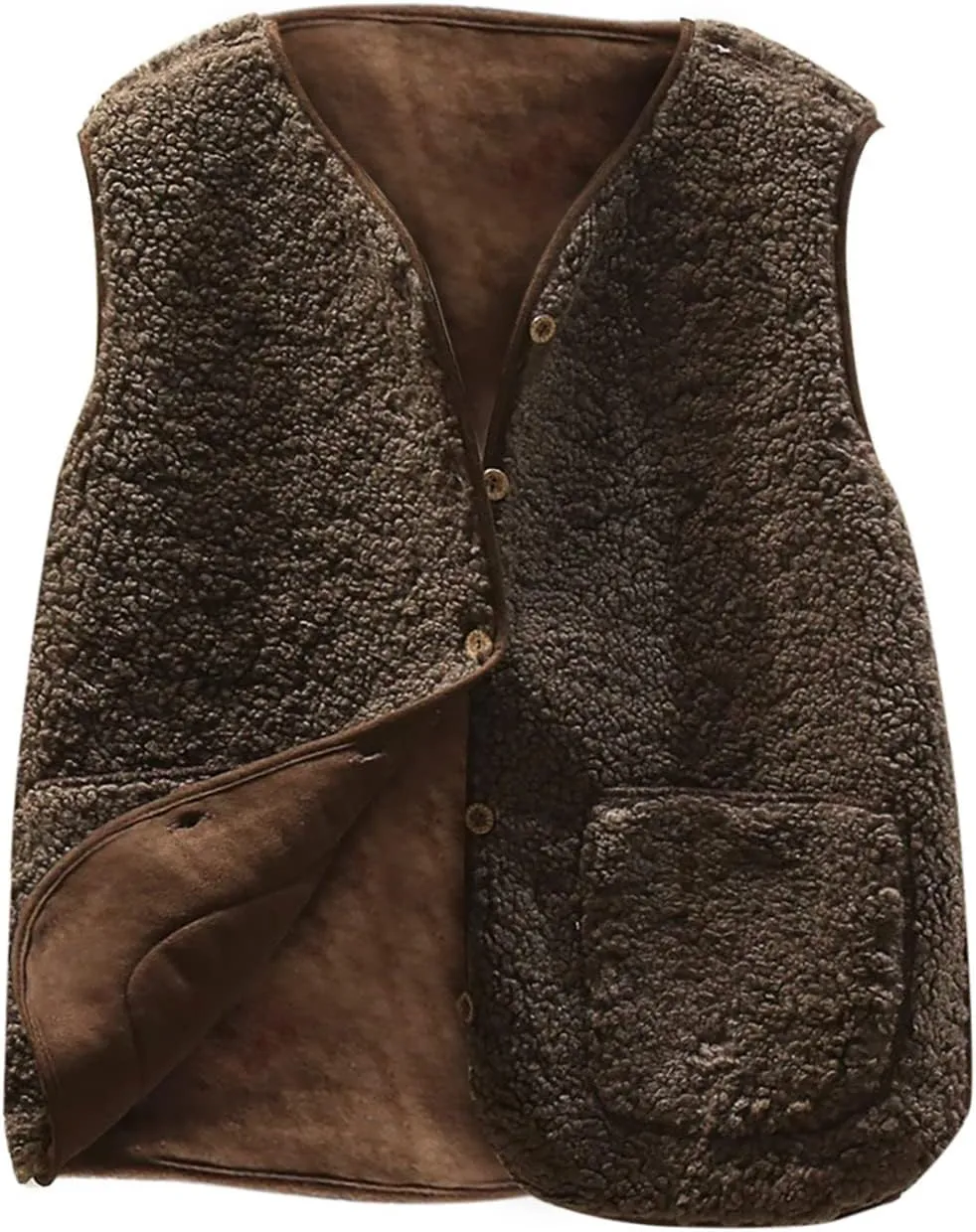 Women's Shaggy Teddy Vest Pocket Winter Short Jacket Lamb Wool Winter Sleeveless Fleece Button Solid Outerwear