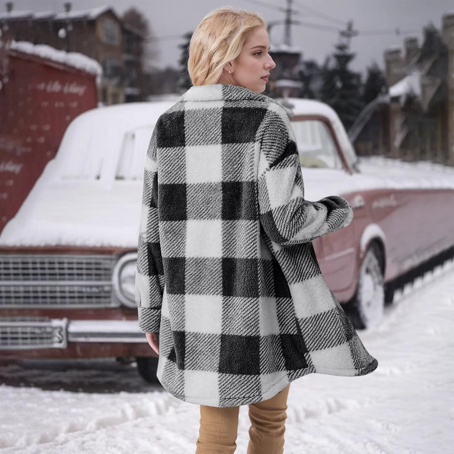 Womens Sherpa Jacket Lapel Button Flannel Jacket Shacket Soft Comfy Plaid Jacket Fleece Long Teddy Coat with Pockets