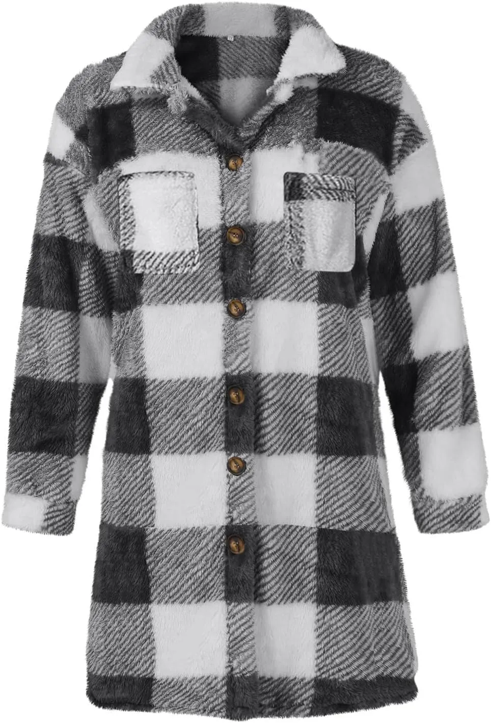 Womens Sherpa Jacket Lapel Button Flannel Jacket Shacket Soft Comfy Plaid Jacket Fleece Long Teddy Coat with Pockets