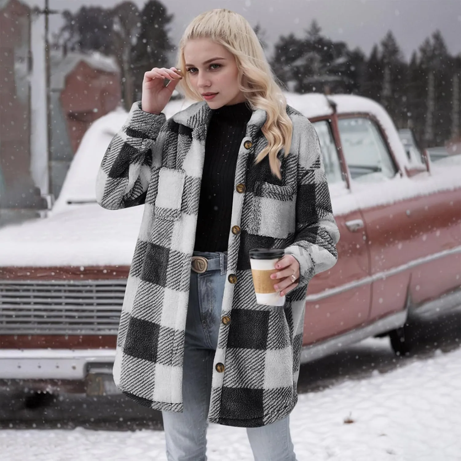 Womens Sherpa Jacket Lapel Button Flannel Jacket Shacket Soft Comfy Plaid Jacket Fleece Long Teddy Coat with Pockets