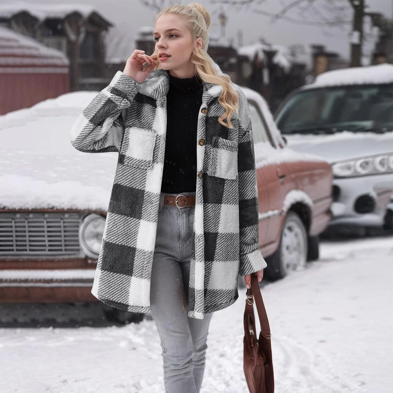 Womens Sherpa Jacket Lapel Button Flannel Jacket Shacket Soft Comfy Plaid Jacket Fleece Long Teddy Coat with Pockets