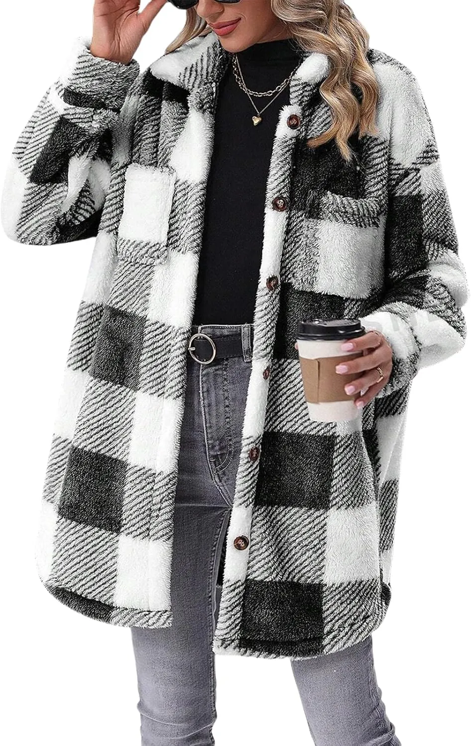 Womens Sherpa Jacket Lapel Button Flannel Jacket Shacket Soft Comfy Plaid Jacket Fleece Long Teddy Coat with Pockets