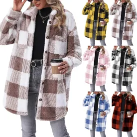 Womens Sherpa Jacket Lapel Button Flannel Jacket Shacket Soft Comfy Plaid Jacket Fleece Long Teddy Coat with Pockets