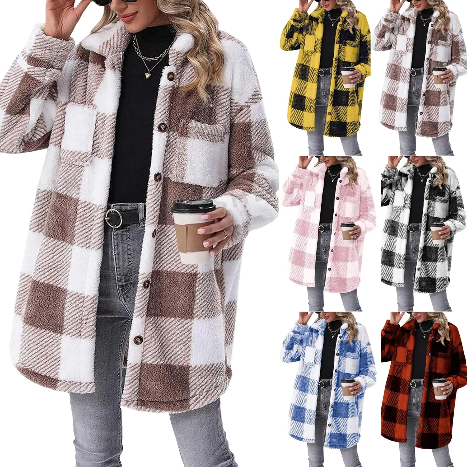 Womens Sherpa Jacket Lapel Button Flannel Jacket Shacket Soft Comfy Plaid Jacket Fleece Long Teddy Coat with Pockets