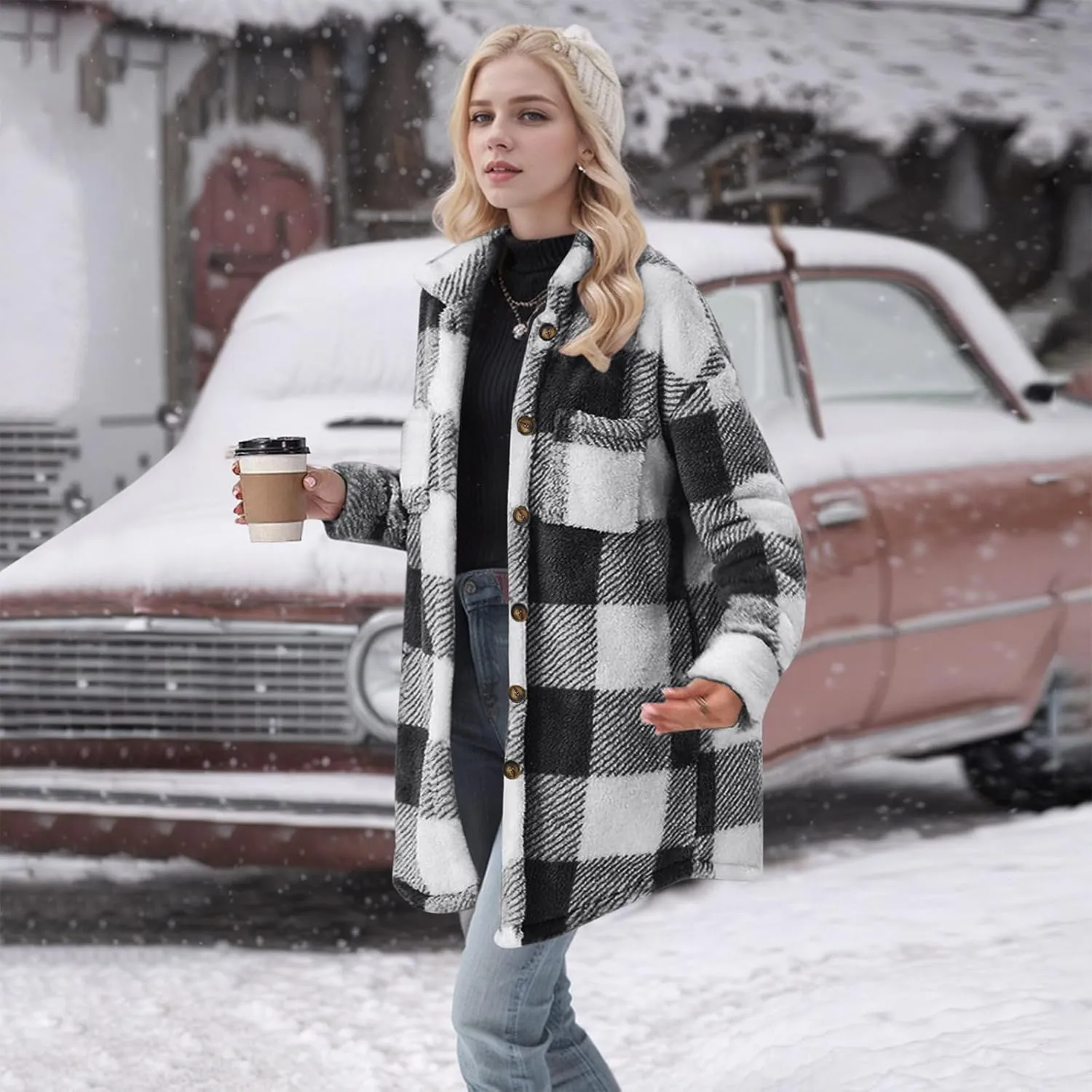 Womens Sherpa Jacket Lapel Button Flannel Jacket Shacket Soft Comfy Plaid Jacket Fleece Long Teddy Coat with Pockets
