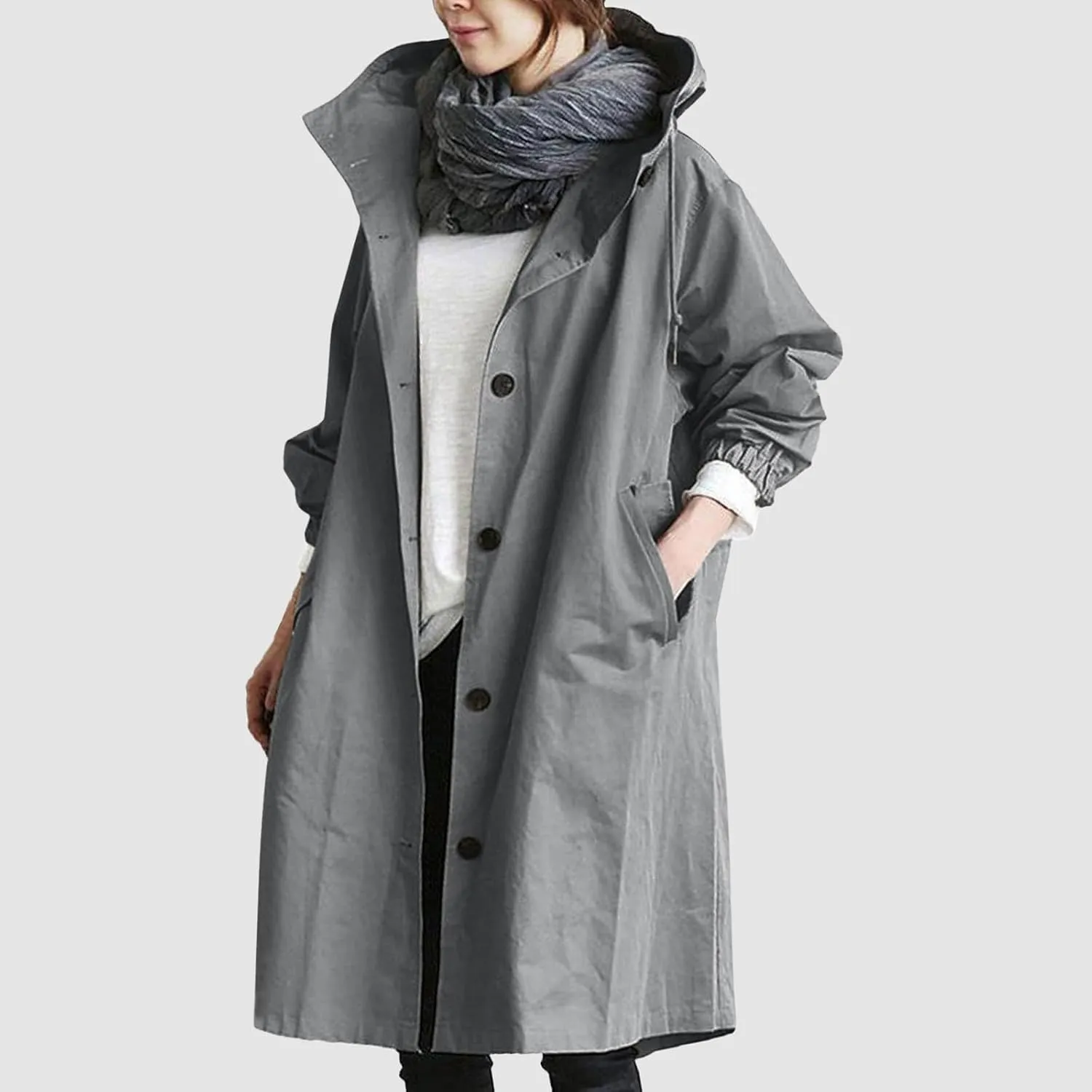 Womens Trench Coat Plus Size Waterproof Raincoat Lightweight Long Hooded Pea Coat Lined Windbreaker Elegant Jacket