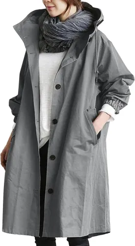 Womens Trench Coat Plus Size Waterproof Raincoat Lightweight Long Hooded Pea Coat Lined Windbreaker Elegant Jacket