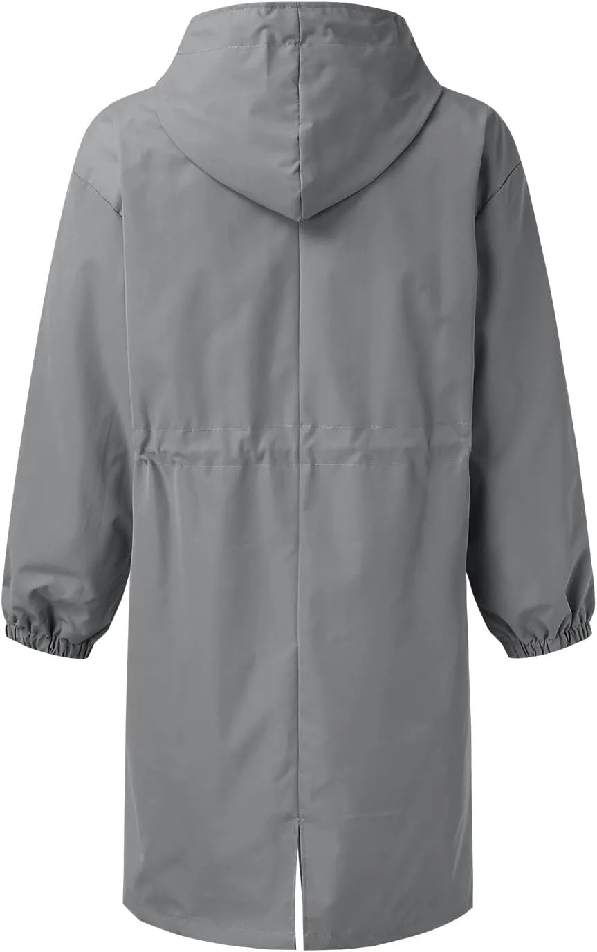 Womens Trench Coat Plus Size Waterproof Raincoat Lightweight Long Hooded Pea Coat Lined Windbreaker Elegant Jacket