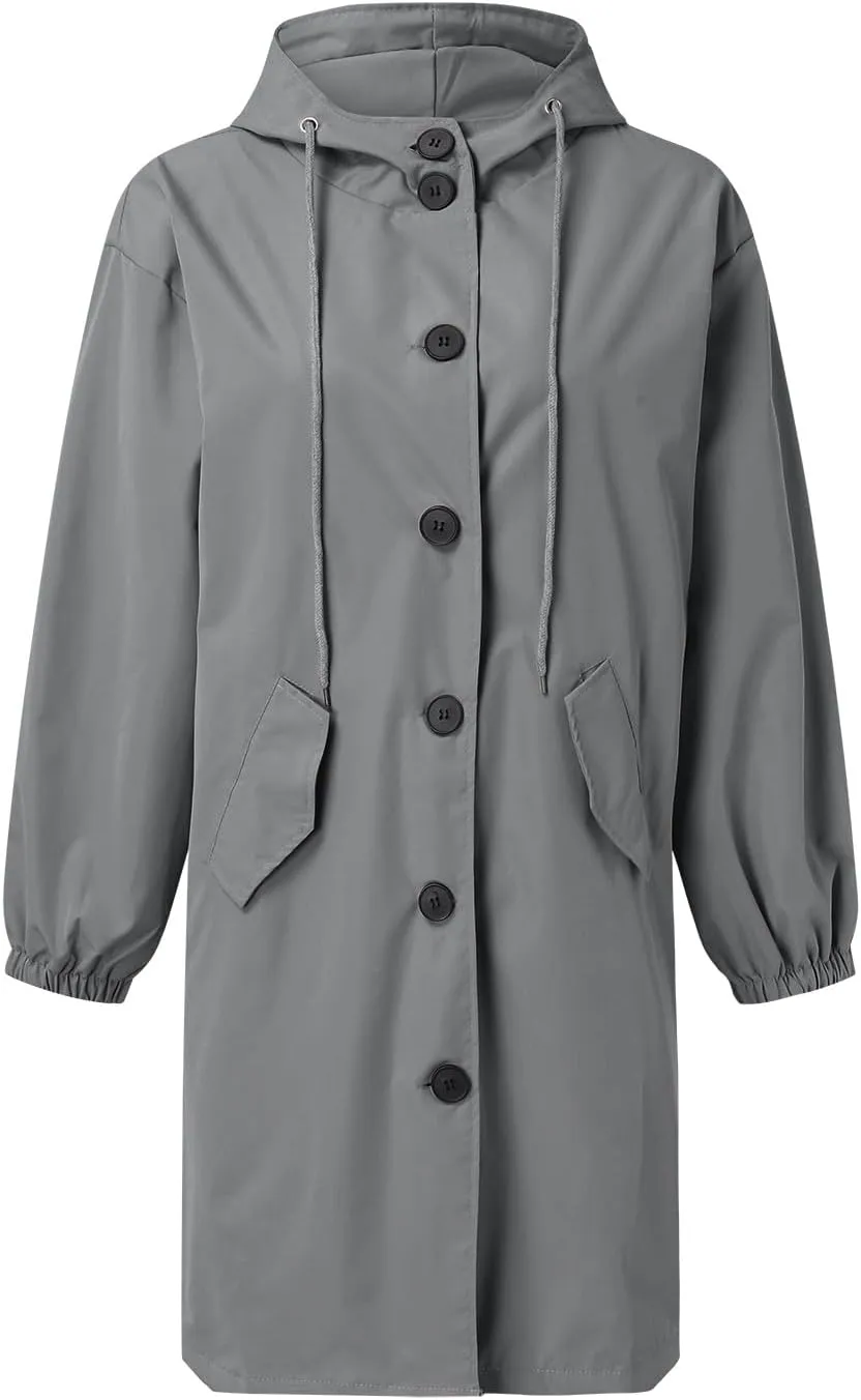 Womens Trench Coat Plus Size Waterproof Raincoat Lightweight Long Hooded Pea Coat Lined Windbreaker Elegant Jacket