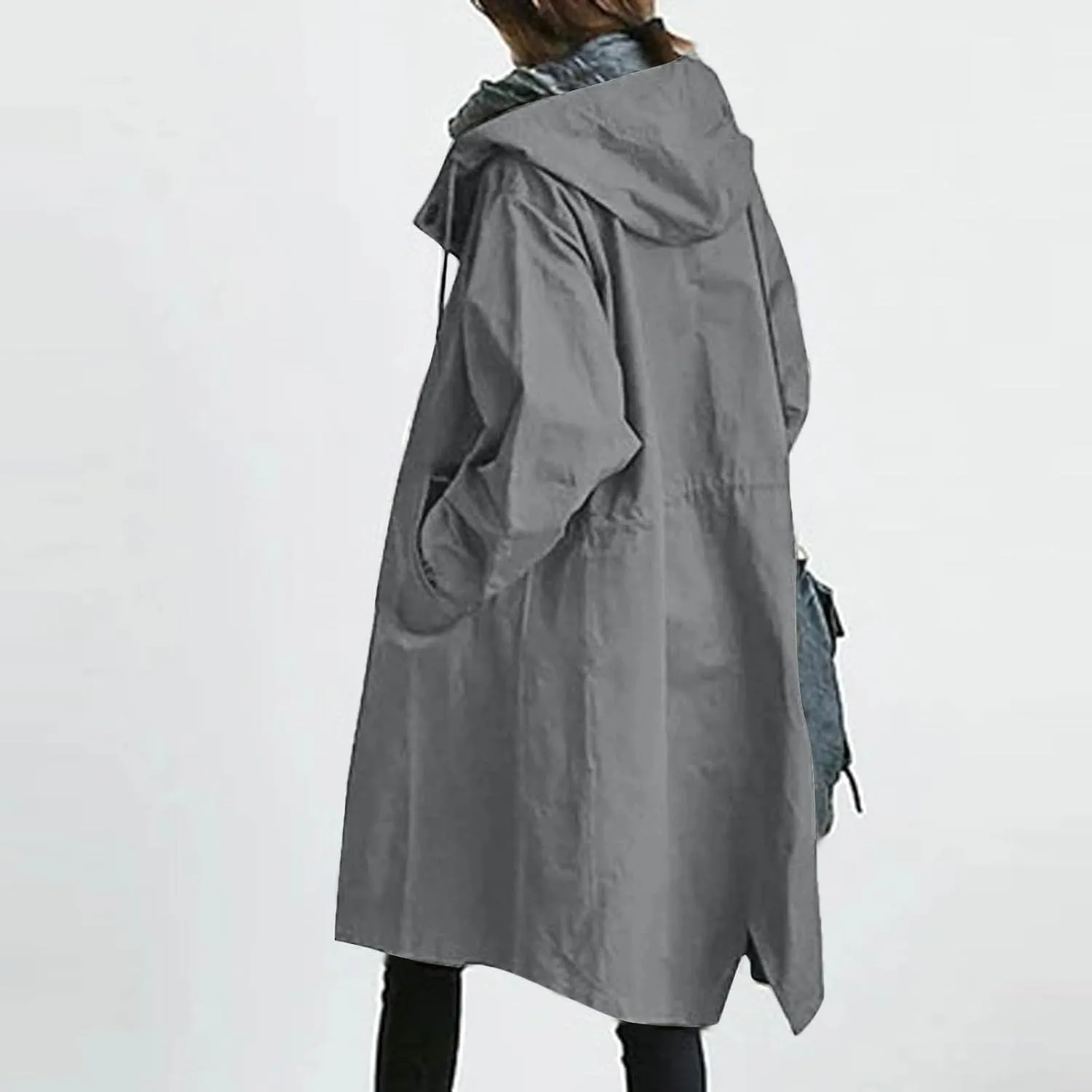 Womens Trench Coat Plus Size Waterproof Raincoat Lightweight Long Hooded Pea Coat Lined Windbreaker Elegant Jacket