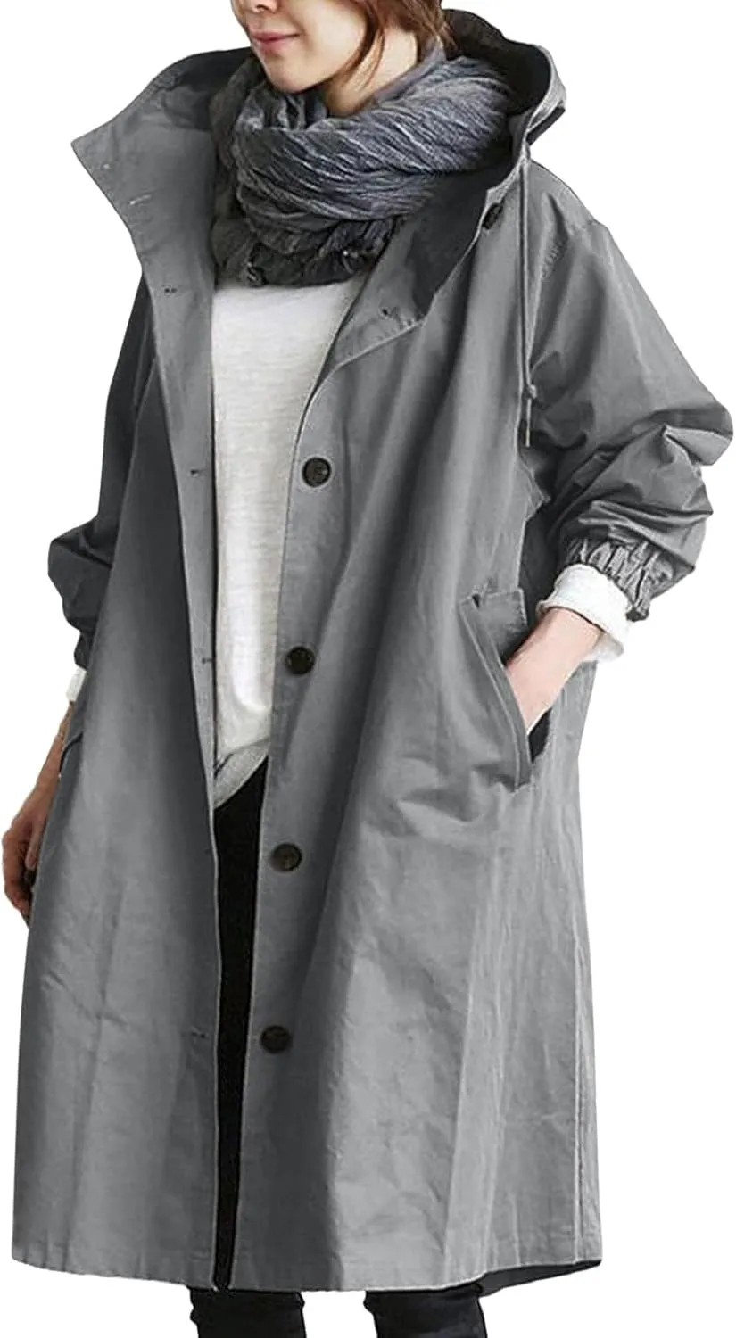 Womens Trench Coat Plus Size Waterproof Raincoat Lightweight Long Hooded Pea Coat Lined Windbreaker Elegant Jacket