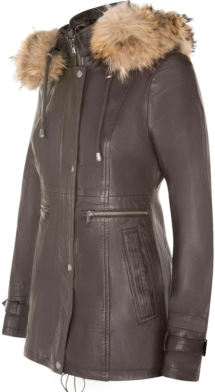 Women's Warm Leather Jacket Detachable Hooded Parker Trench Coat