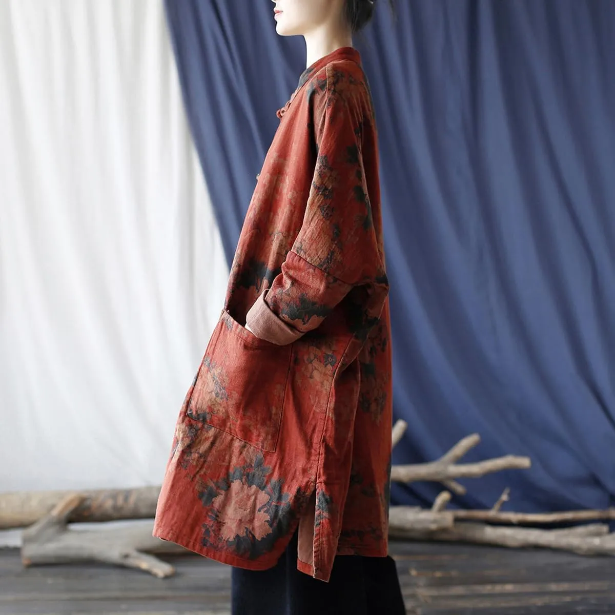 Ystylee Women Vintage Trench Coat Mid-Length Floral Print Jacket Chinese Frog Button Down Clothing Outwear