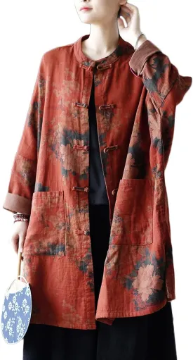 Ystylee Women Vintage Trench Coat Mid-Length Floral Print Jacket Chinese Frog Button Down Clothing Outwear