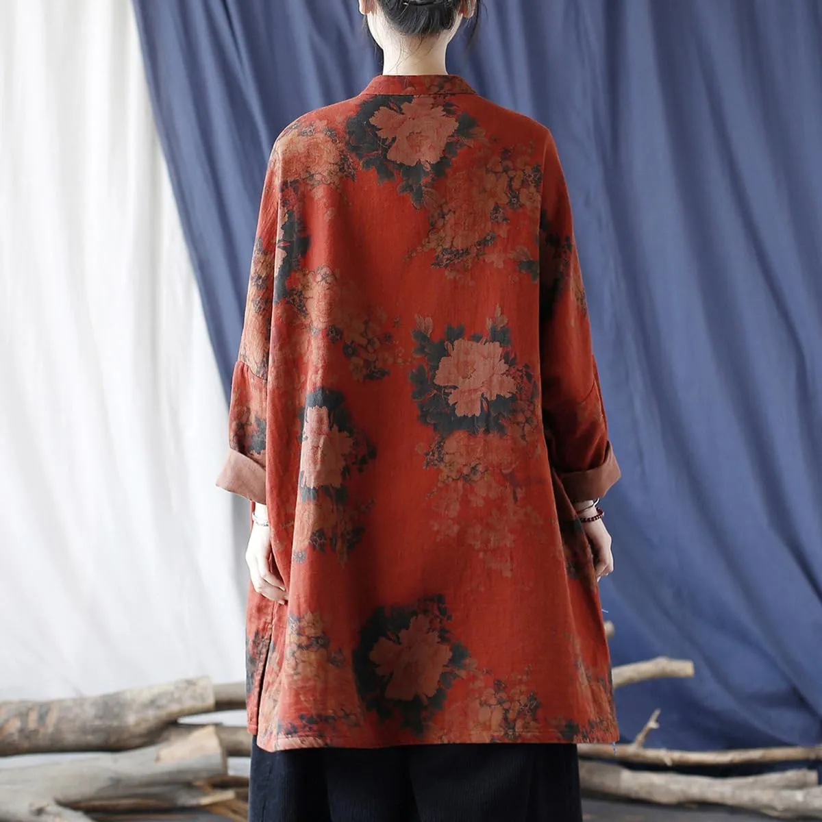 Ystylee Women Vintage Trench Coat Mid-Length Floral Print Jacket Chinese Frog Button Down Clothing Outwear