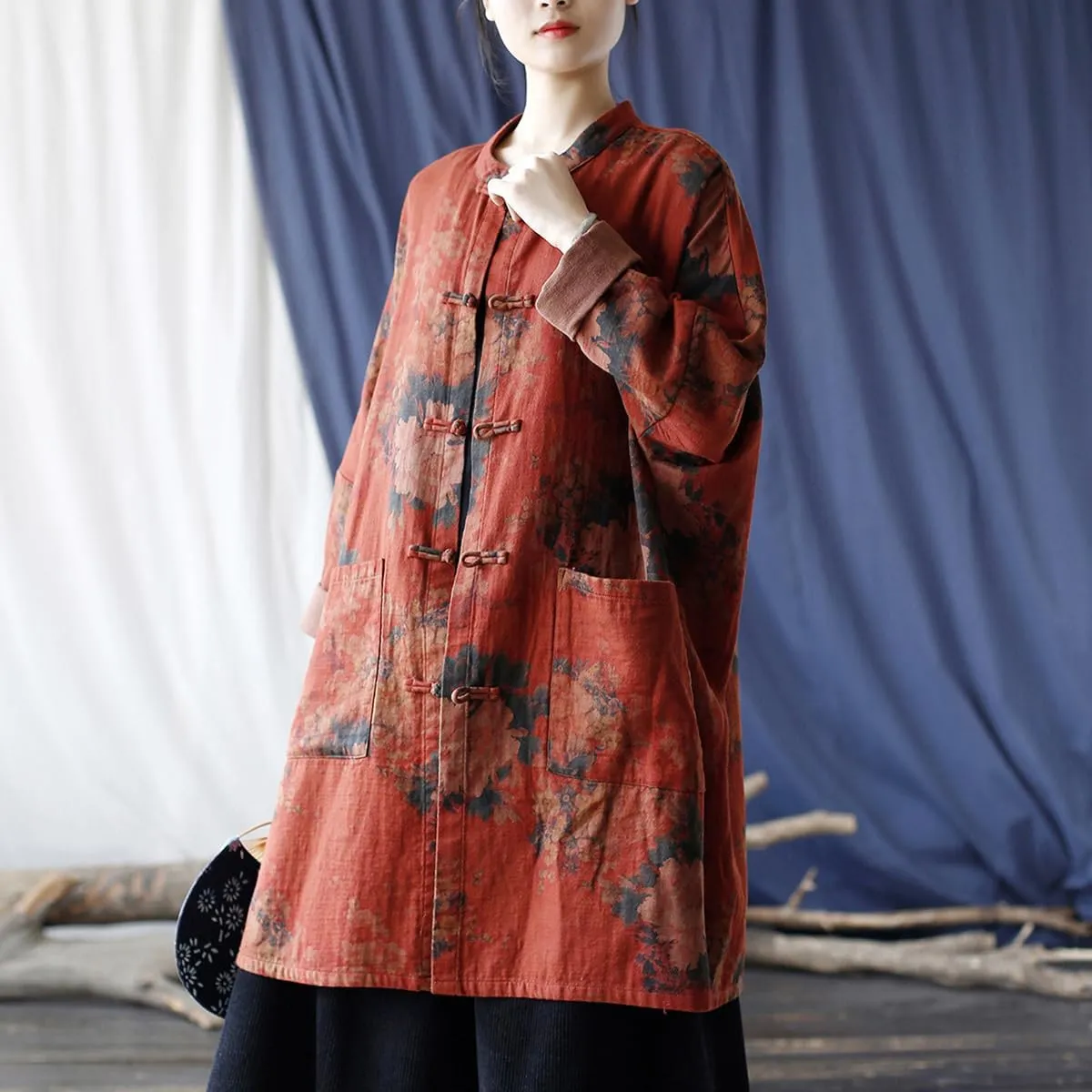 Ystylee Women Vintage Trench Coat Mid-Length Floral Print Jacket Chinese Frog Button Down Clothing Outwear