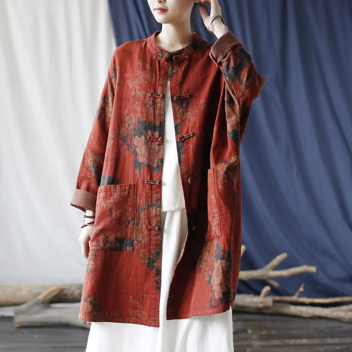 Ystylee Women Vintage Trench Coat Mid-Length Floral Print Jacket Chinese Frog Button Down Clothing Outwear